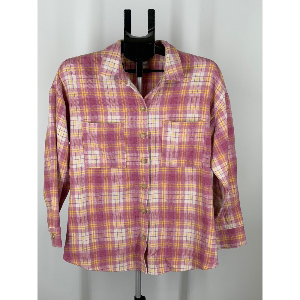 Peach Love California Pink Yellow Plaid Flannel Button Down Shirt Women Small